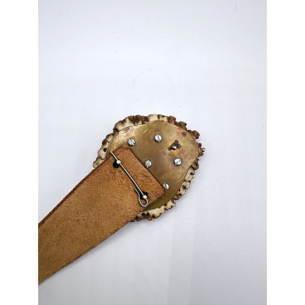 Vintage Tooled Leather Belt Antler Buckle Turquoise Inlay Western Brown Floral - Picture 3 of 8